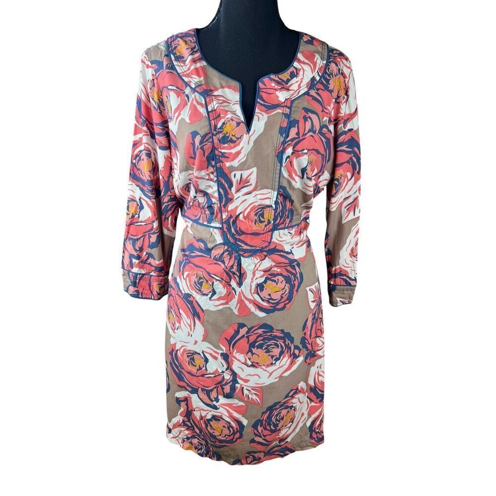 Boden woman’s 10R tan pink salmon blue roses flower 3/4 sleeve shift dress